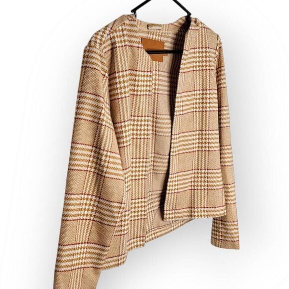 Roolee Women's Open Front Plaid Houndstooth Blazer Tan size Small - Picture 3 of 7